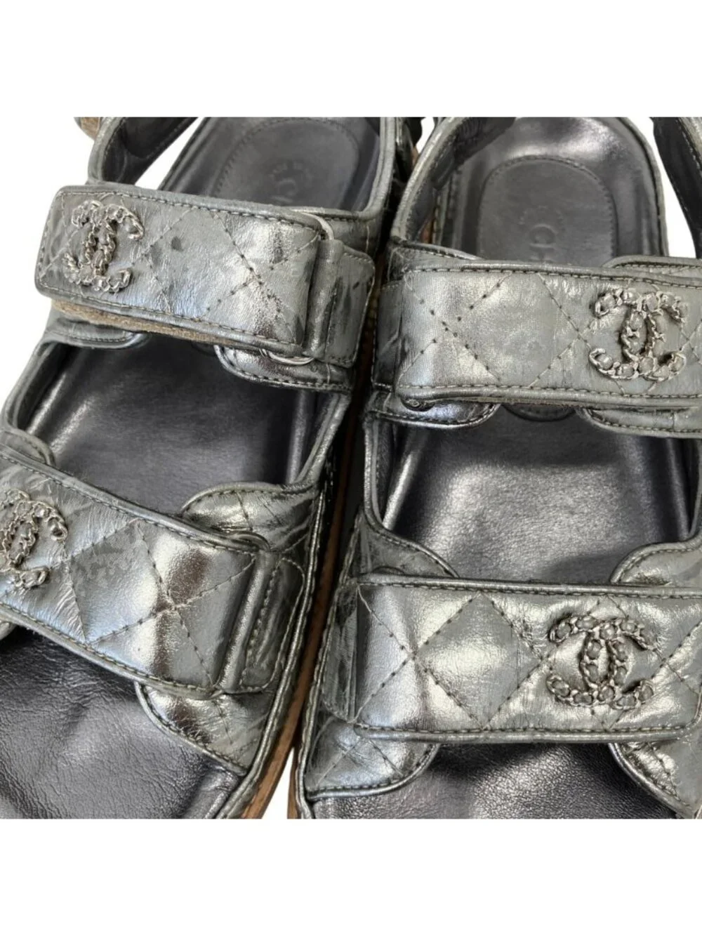 Chanel CC Logo Leather Quilted All Pattern Sports Sandals 35c Silver